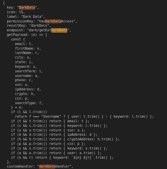 Data source object for DarkData including getPayload that routes SSN, CCN, crypto, IP, and username