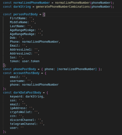 Phone search code building a Dark Data payload for SSN, email, IP, crypto wallet, credit card and more