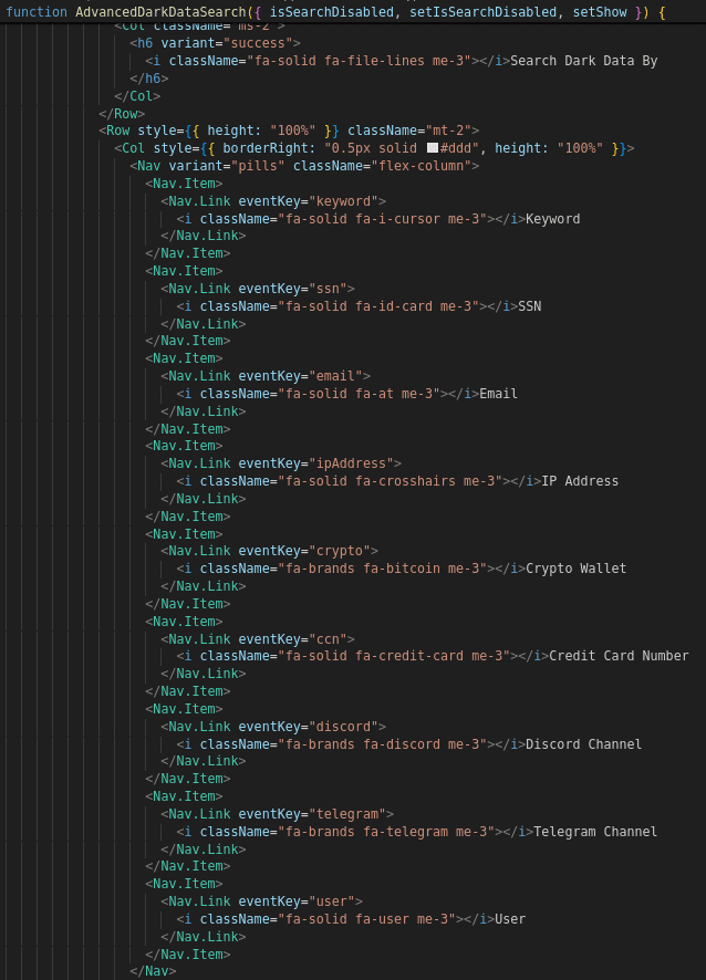 Advanced Dark Data search UI with tabs for SSN, email, IP, crypto wallet, credit card, Discord, Telegram, and user