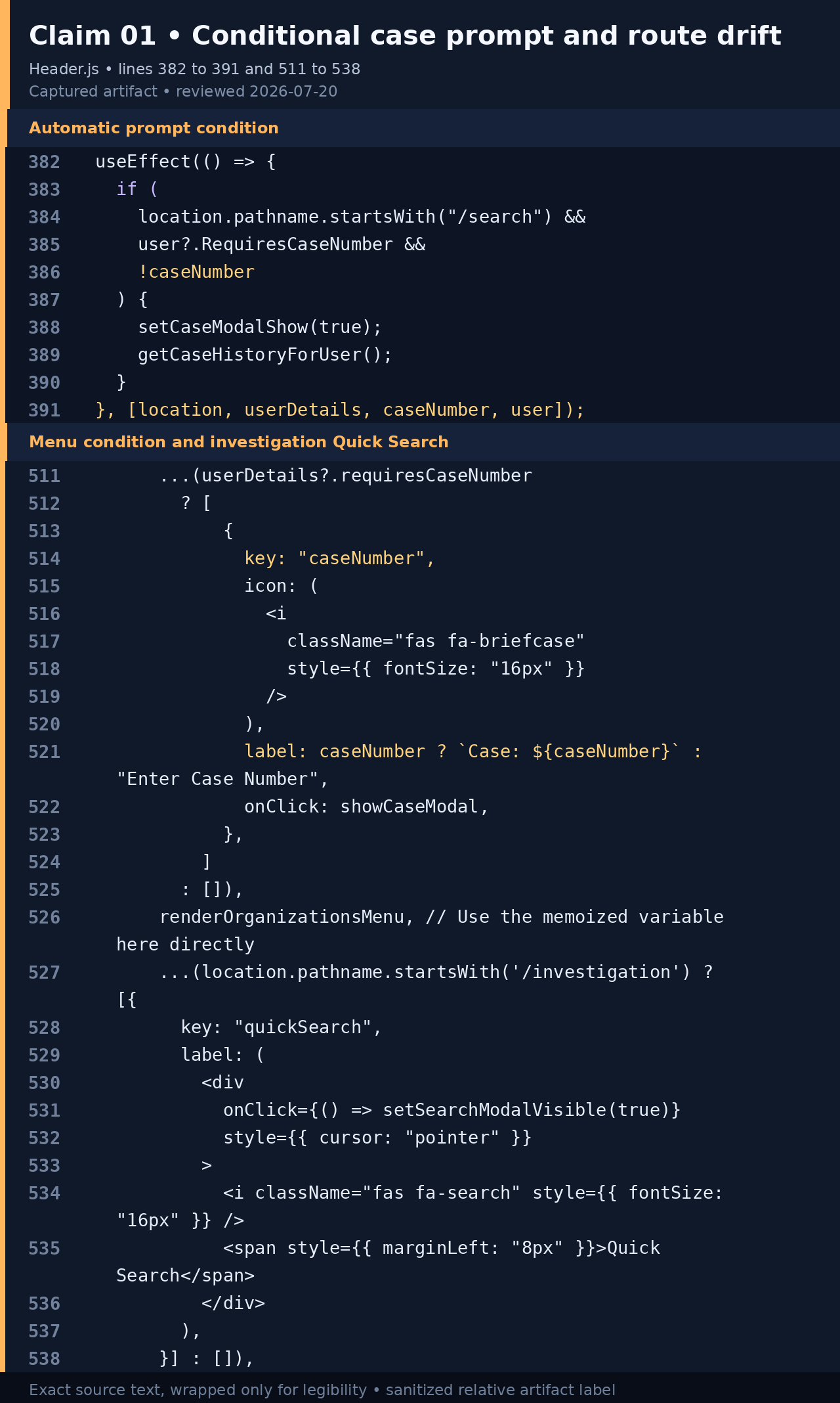 Composite code screenshot of the conditional case prompt and investigation Quick Search route