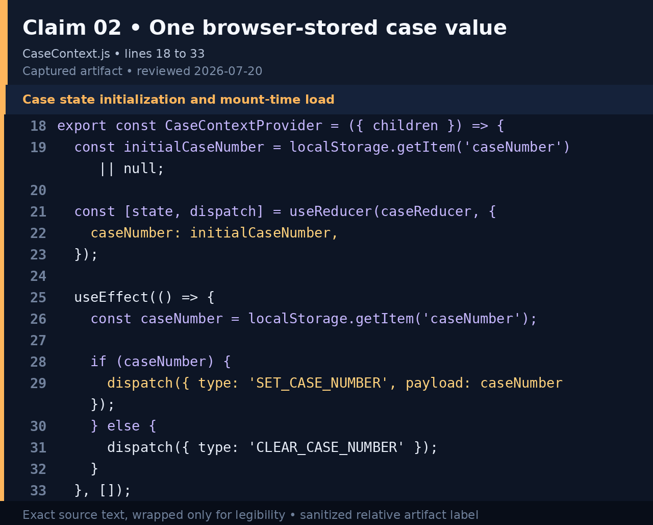 Code screenshot of FlockNova loading a case number from browser local storage