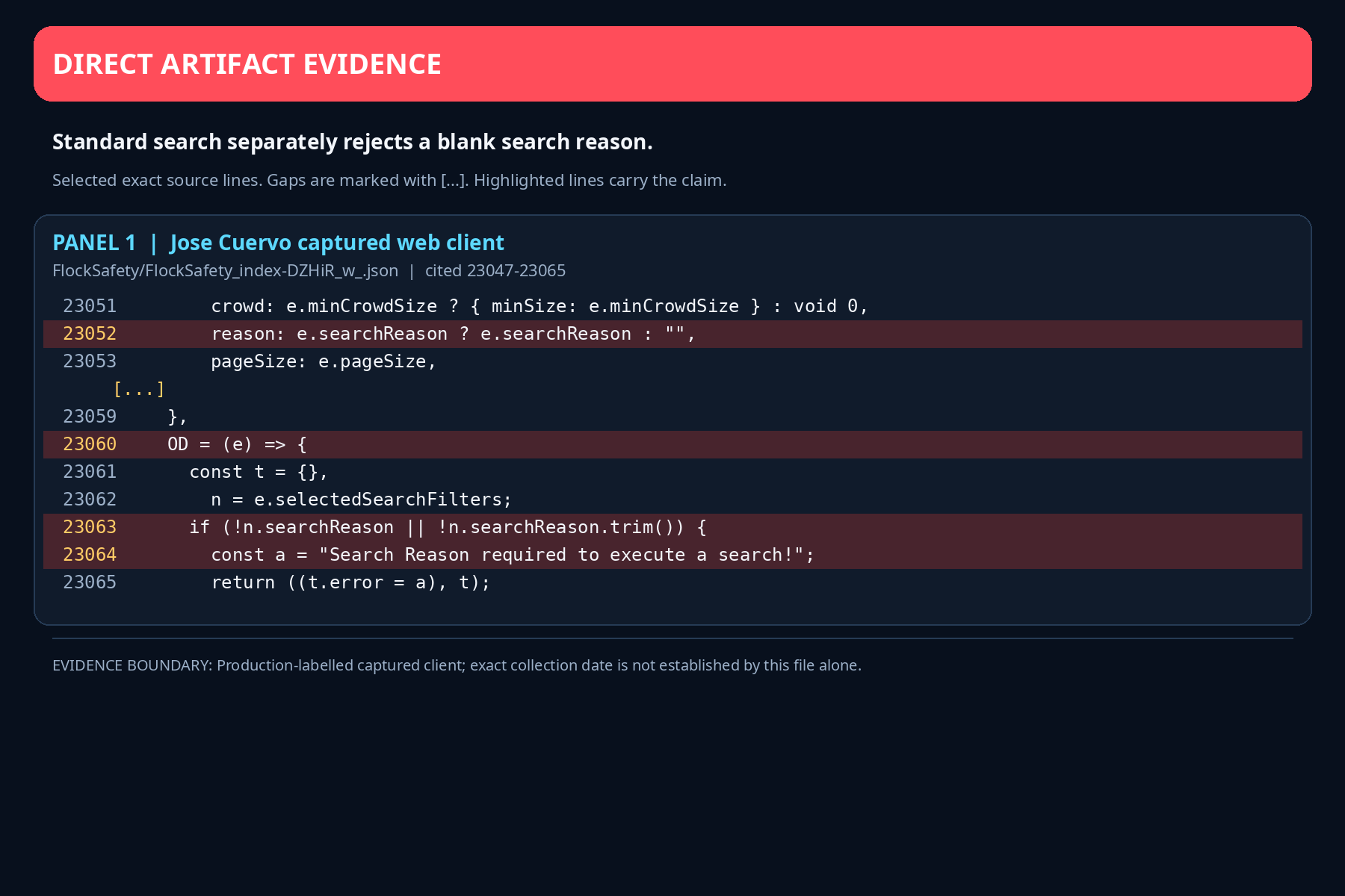 Code showing the standard search reason field and blank-reason rejection
