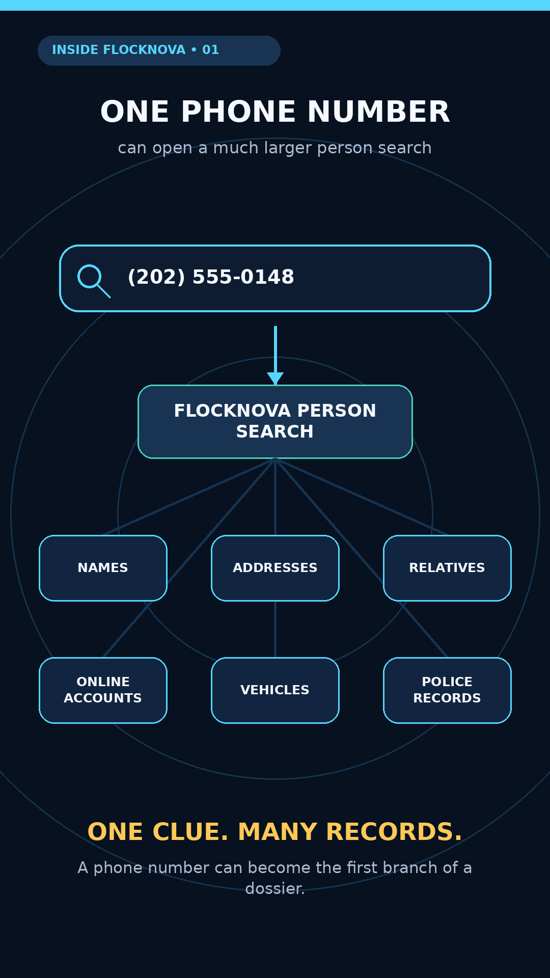 Diagram showing one phone number branching into names, addresses, relatives, online accounts, vehicles, and police records