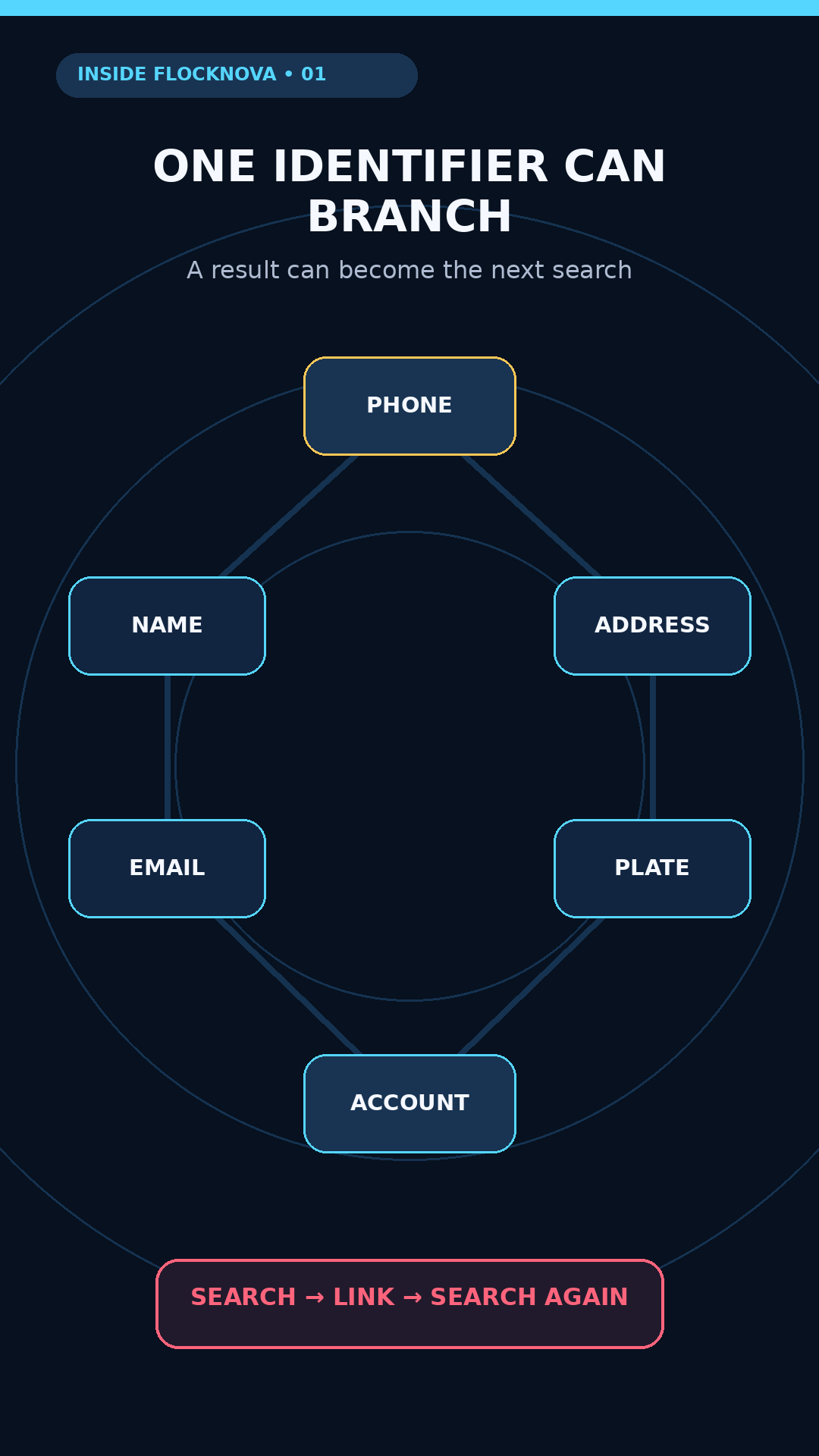 Network diagram showing one phone number branching through names, addresses, emails, plates, and accounts