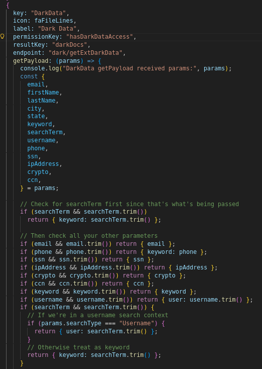 Search config entry showing DarkData key, permission, endpoint, and resultKey darkDocs