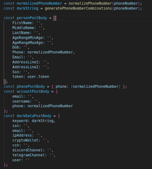 Phone search code building a Dark Data payload for SSN, email, IP, crypto wallet, credit card and more